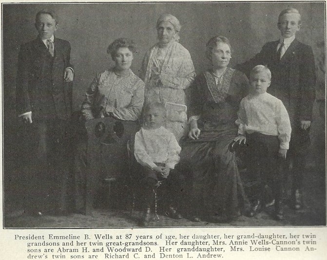 This four-generation photograph, taken 31 January 1914, was published in Annie Wells Cannon, "Mothers in Israel," <em>Relief Society Magazine,</em> February 1916, 64. Emmeline B. Wells appears here with her daughter Annie and Annie's twin sons, Abram H. and Woodward D. Cannon; and with her granddaughter (and Annie's daughter) Louise Cannon Andrew and Louise's twin sons, Richard C. and Denton L. Andrew.